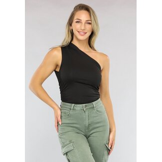 Schwarzes plissiertes One-Shoulder-Top