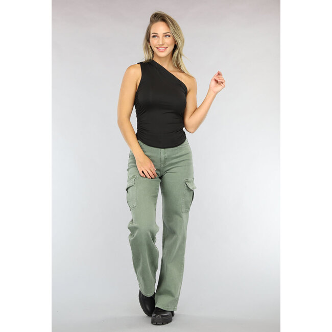 Schwarzes plissiertes One-Shoulder-Top