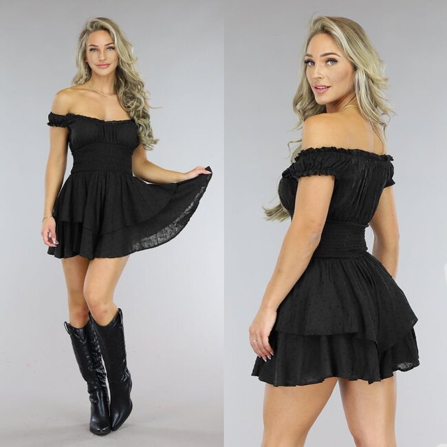 Schwarzer mehrlagiger Polkadot-Off-Shoulder Playsuit