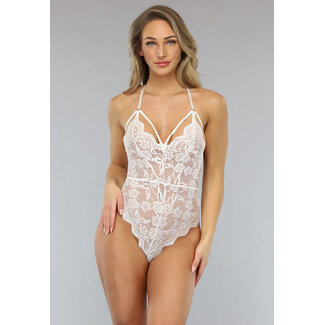 NEW0702 Weißer Spitzenbodysuit mit Brustträgern