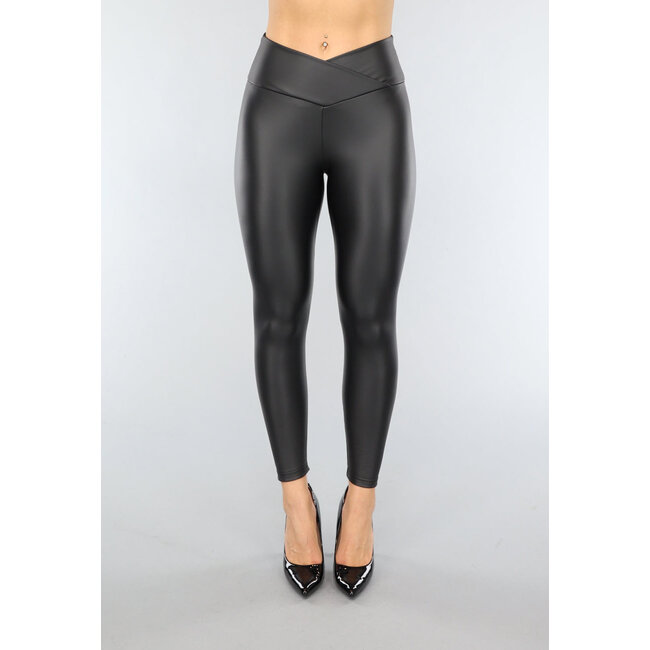 Schwarze Leggings in Lederoptik mit Overslag-Taille