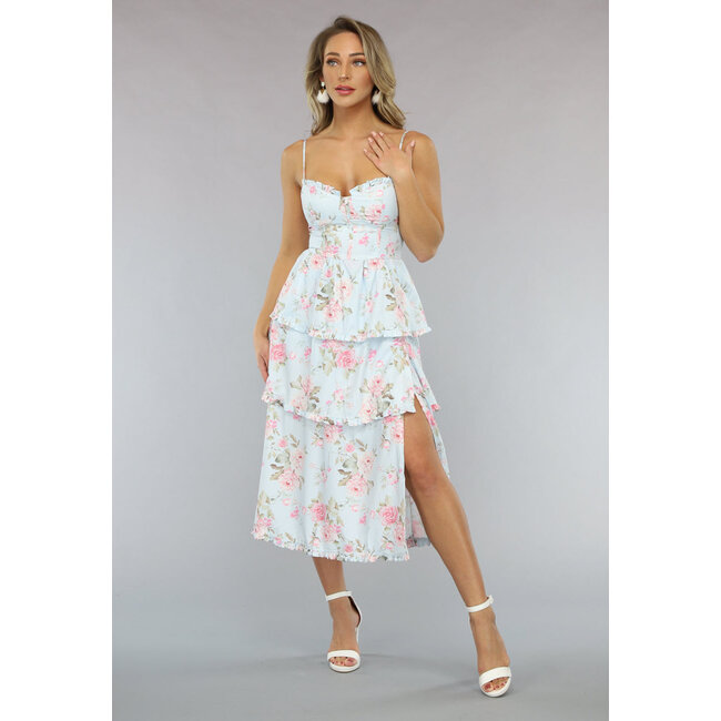 Hellblaues geblümtes Kleid im Vintage-Look mit Rüschen