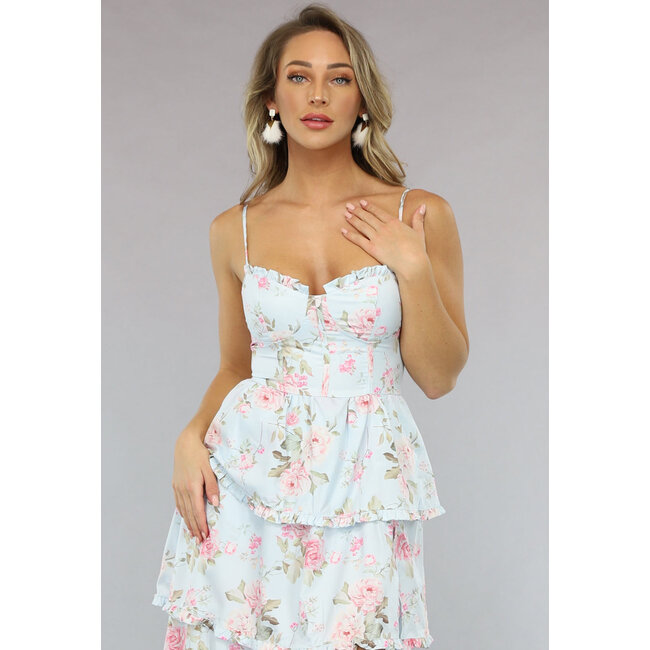 Hellblaues geblümtes Kleid im Vintage-Look mit Rüschen