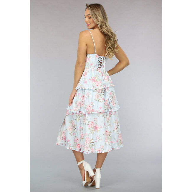 Hellblaues geblümtes Kleid im Vintage-Look mit Rüschen