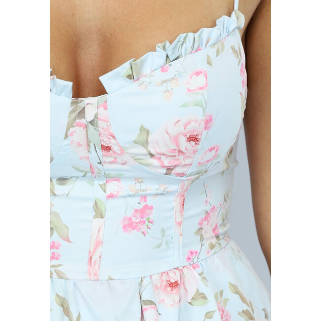 Hellblaues geblümtes Kleid im Vintage-Look mit Rüschen