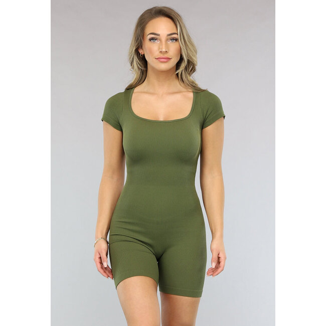 Khaki Stretch Playsuit mit Rundhalsausschnitt