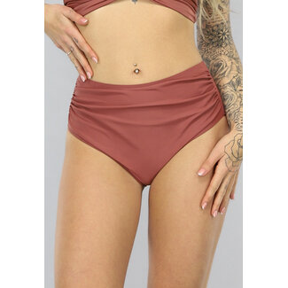 Braunes Bikini-Unterteil mit hoher Taille und Falten