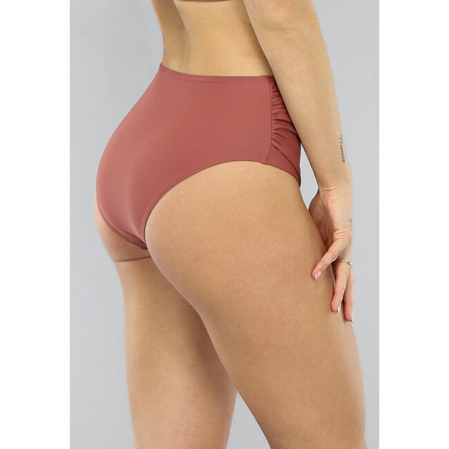 Braunes Bikini-Unterteil mit hoher Taille und Falten