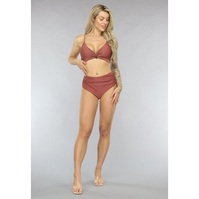 Braunes Bikini-Unterteil mit hoher Taille und Falten