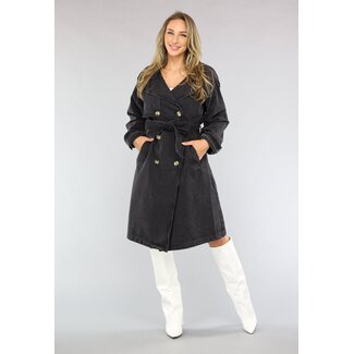 NEW2703 Grauer Oversized-Jeans-Trenchcoat mit Taillenband