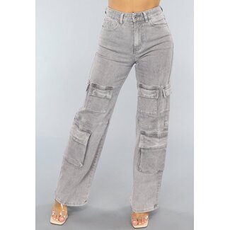 NEW0304 Hellgraue Jeans mit hoher Taille und Cargo-Taschen