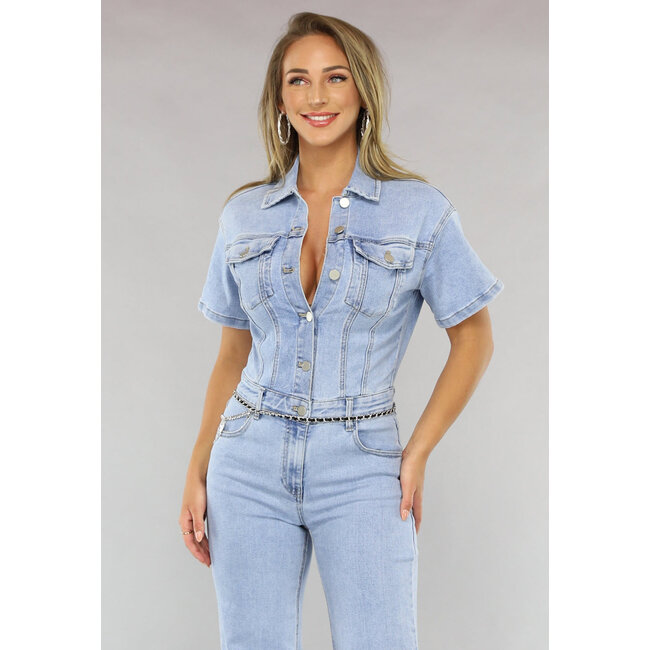 Blauer Jeans Jumpsuit mit kurzen Ärmeln und geradem Bein