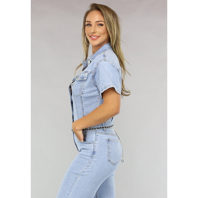 Blauer Jeans Jumpsuit mit kurzen Ärmeln und geradem Bein
