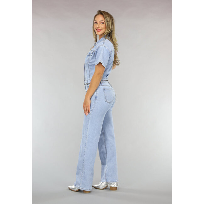 Blauer Jeans Jumpsuit mit kurzen Ärmeln und geradem Bein