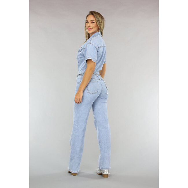 Blauer Jeans Jumpsuit mit kurzen Ärmeln und geradem Bein
