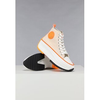 NEW1303 Nudefarbene Plateau-Sneakers mit orange/goldenen Details