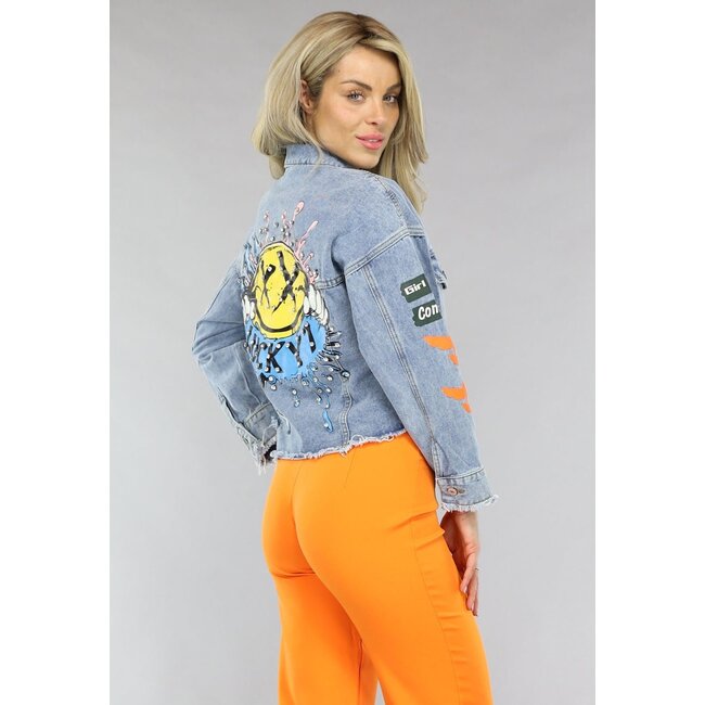 Jeansjacke mit Graffiti-Print und Strass