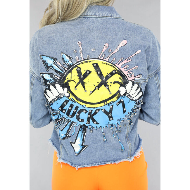 Jeansjacke mit Graffiti-Print und Strass