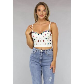Weißes Bustier mit großen mehrfarbigen Strasssteinen