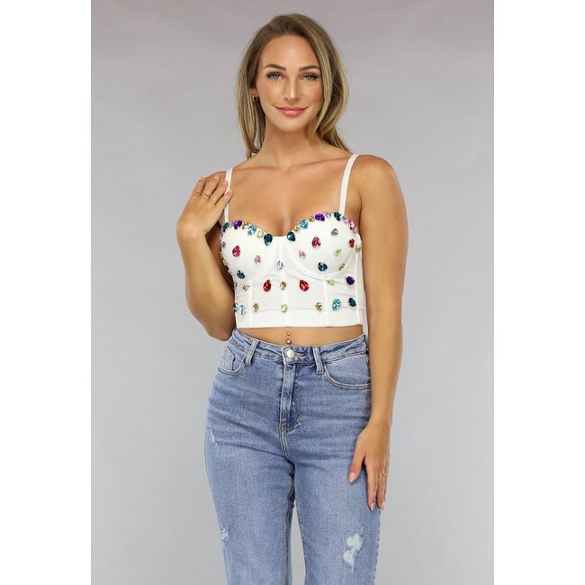 Weißes Bustier mit großen mehrfarbigen Strasssteinen
