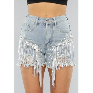 Denim-Short mit Fransen und elastischer Taille