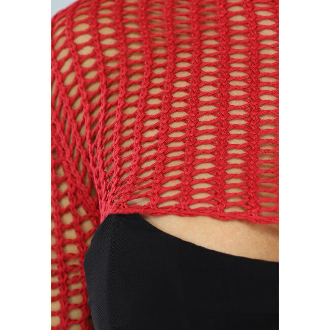 Rotes Häkeltop mit Flair-Ärmeln