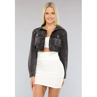 Graue Cropped Denim Jacke mit Fransen