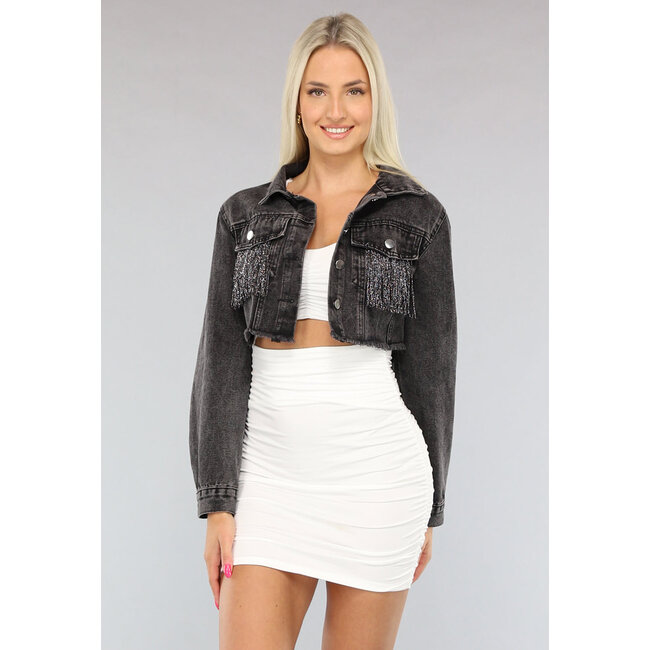 Graue Cropped Denim Jacke mit Fransen