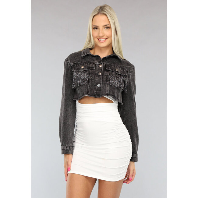 Graue Cropped Denim Jacke mit Fransen