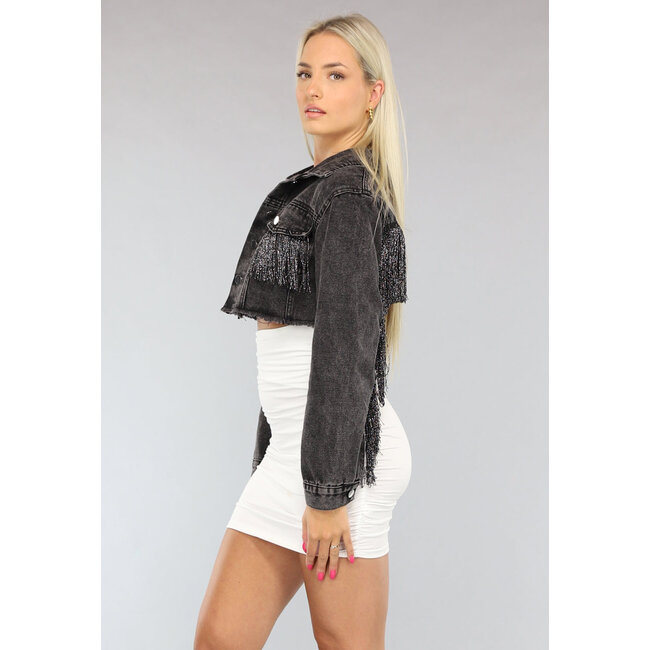 Graue Cropped Denim Jacke mit Fransen