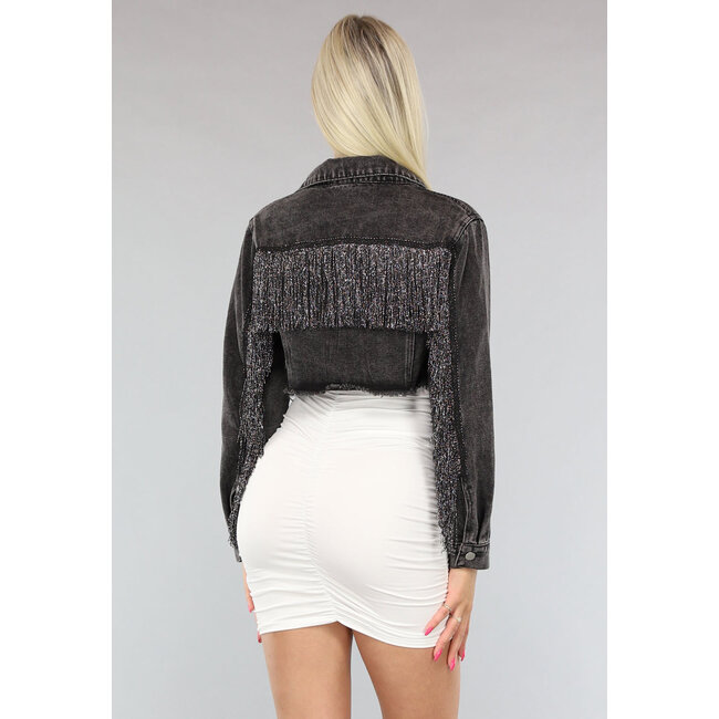 Graue Cropped Denim Jacke mit Fransen