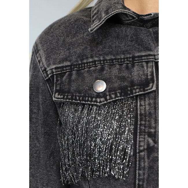 Graue Cropped Denim Jacke mit Fransen