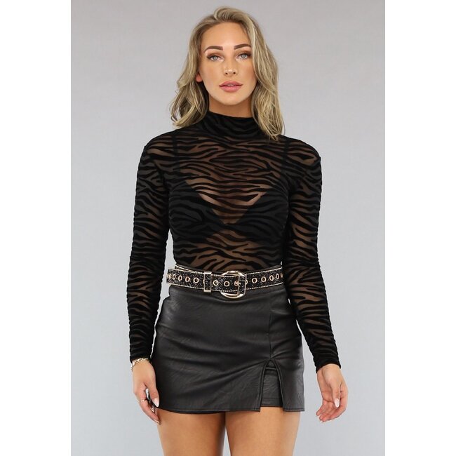 Schwarzer Mesh-Bodysuit mit Zebradruck
