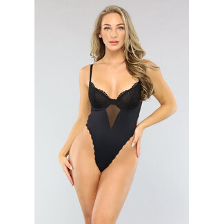 Schwarzer korrigierender Bodysuit mit Spitzendetails