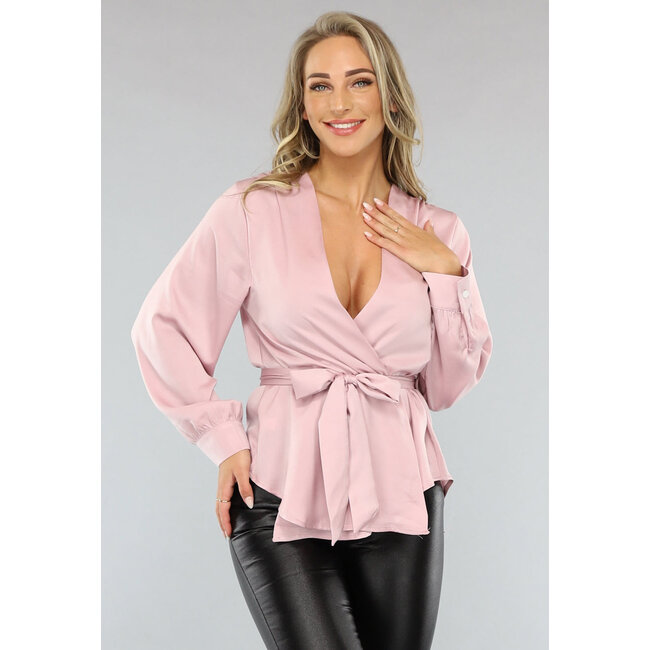 Satinbluse mit Taillenband in Babyrosa
