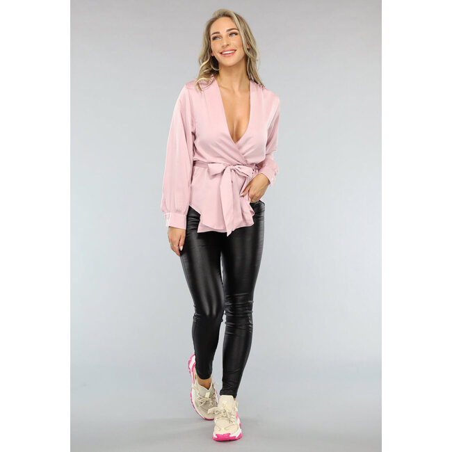 Satinbluse mit Taillenband in Babyrosa
