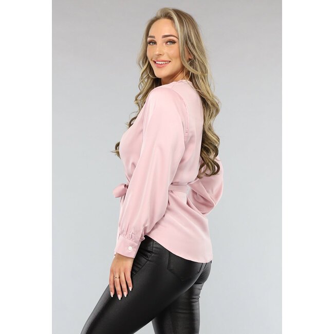 Satinbluse mit Taillenband in Babyrosa