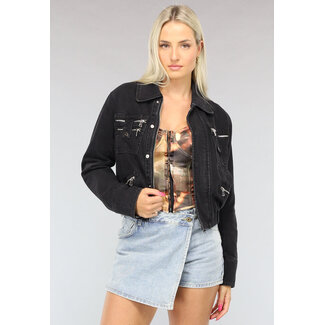 OP=OP.AV.04 Schwarze Cropped Denim Jacke mit Reißverschluss