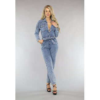 Acid Washed Denim Jumpsuit mit langen Ärmeln