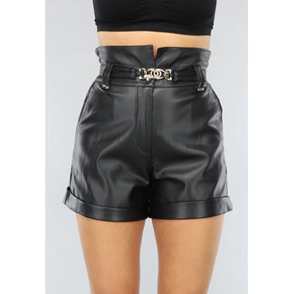 NEW2003 Schwarze Paperbag-Shorts in Lederoptik mit Gürtel