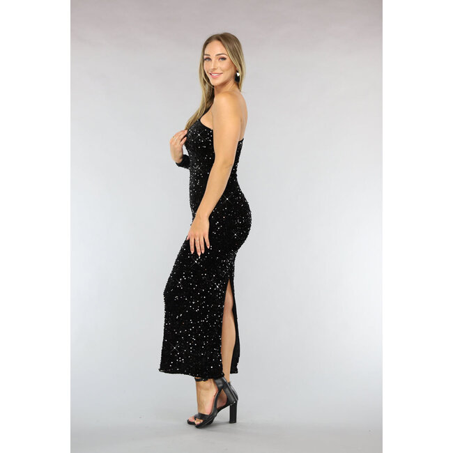 Schwarzes One Shoulder Maxikleid mit Pailletten