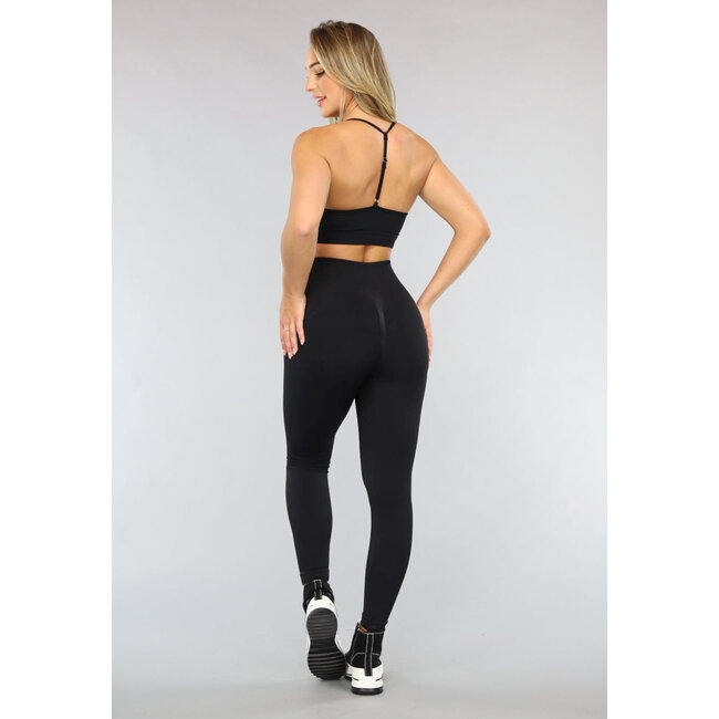 Schwarze Rippensport-Tights mit Scrunch-Effekt