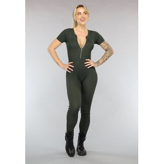 Khakifarbener elastischer Jumpsuit mit Reißverschluss