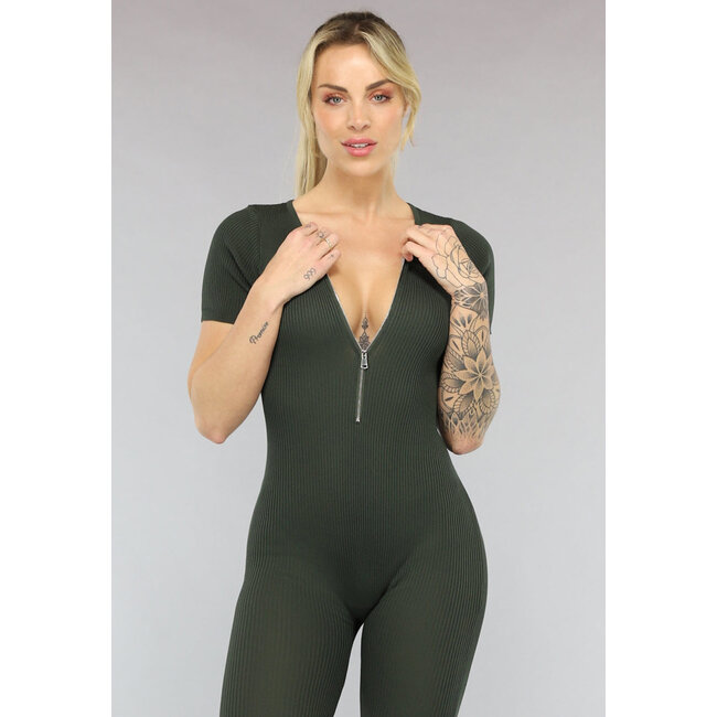 Khakifarbener elastischer Jumpsuit mit Reißverschluss