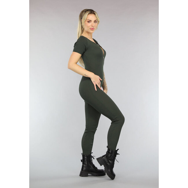 Khakifarbener elastischer Jumpsuit mit Reißverschluss