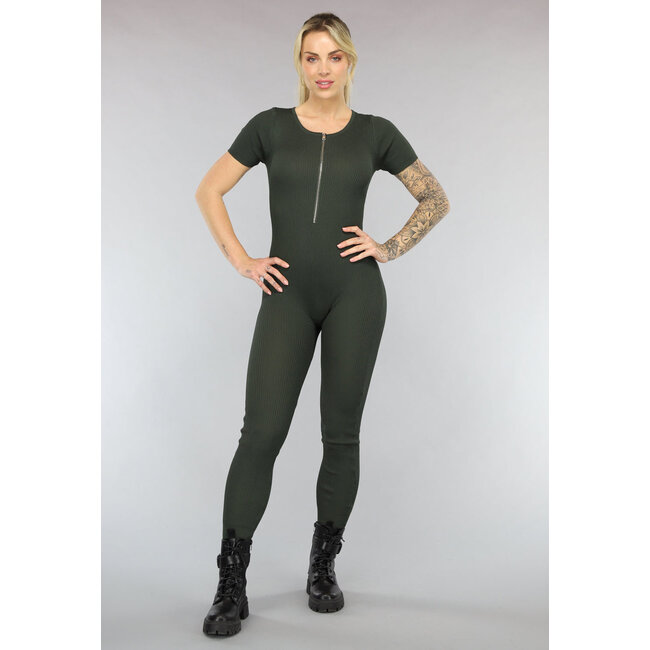 Khakifarbener elastischer Jumpsuit mit Reißverschluss