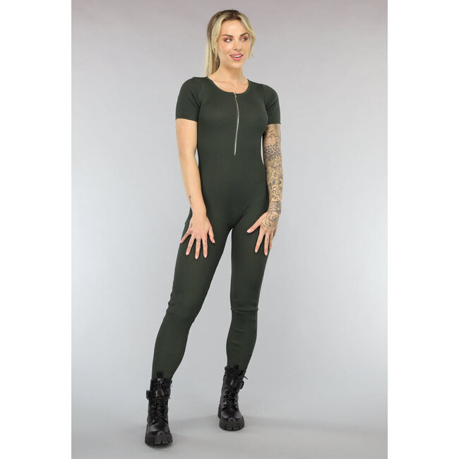 Khakifarbener elastischer Jumpsuit mit Reißverschluss