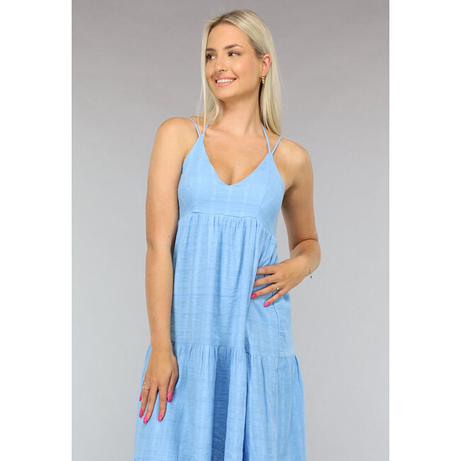 Blaues langes fließendes Kleid mit Schnüren