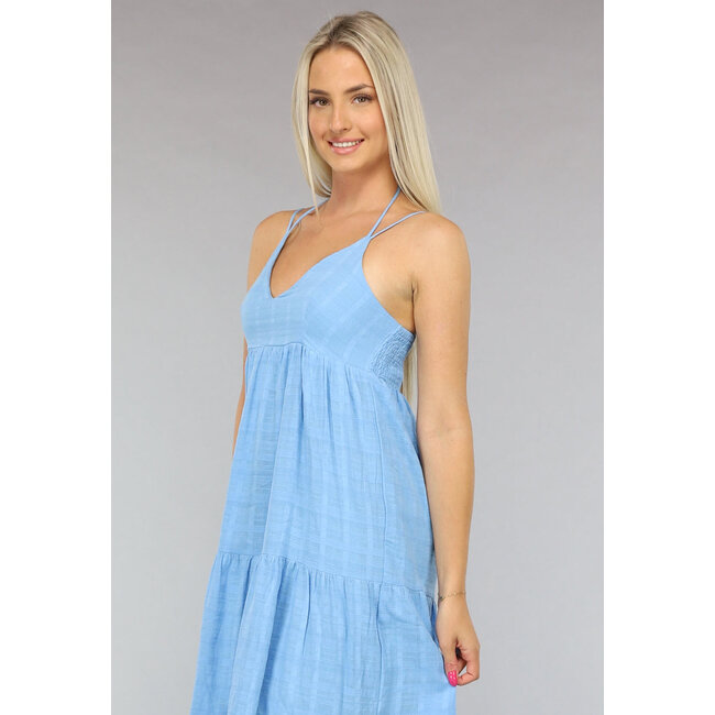 Blaues langes fließendes Kleid mit Schnüren