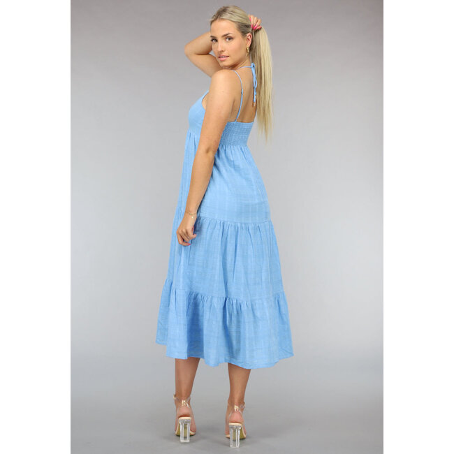 Blaues langes fließendes Kleid mit Schnüren